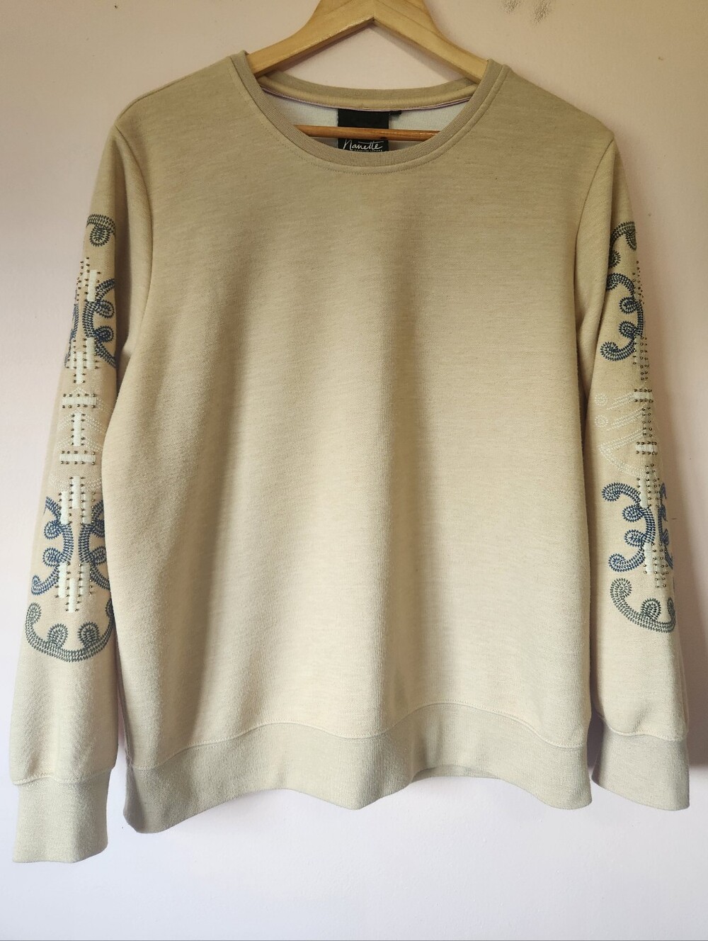 Nanette Lepore Beige Embroidered Embellished Sleeve Crewneck Sweatshirt Size XL